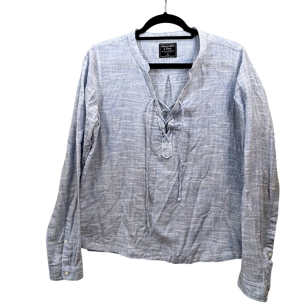 Abercrombie & Fitch Boho Slub Lace Up Top Womens Medium Blue White Coastal Chic